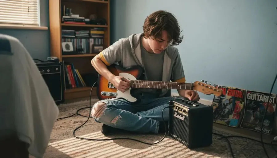 Guitarist adjusting compact practice amplifier
