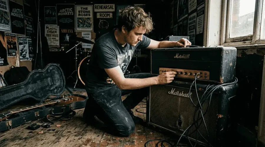 Guitarist adjusting amp head in studio