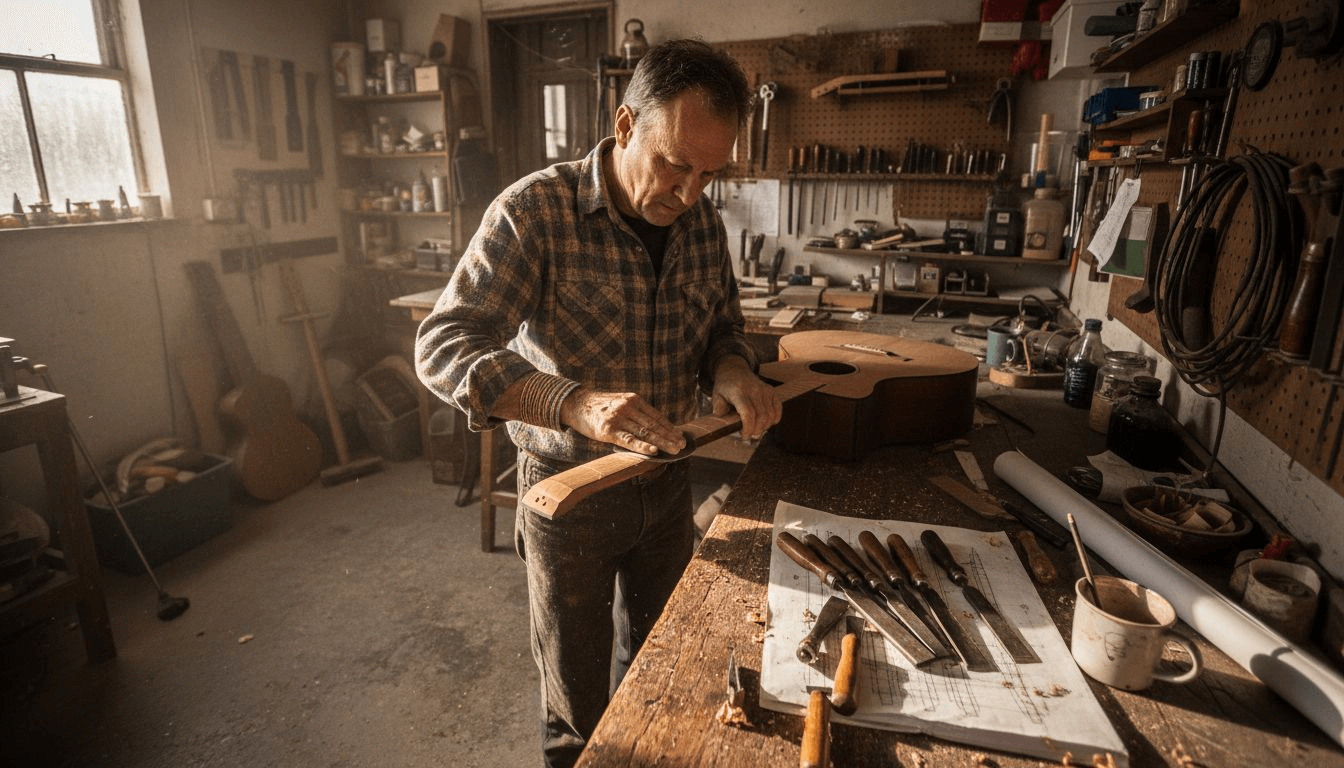 Luthier sanding guitar neck in busy workshop