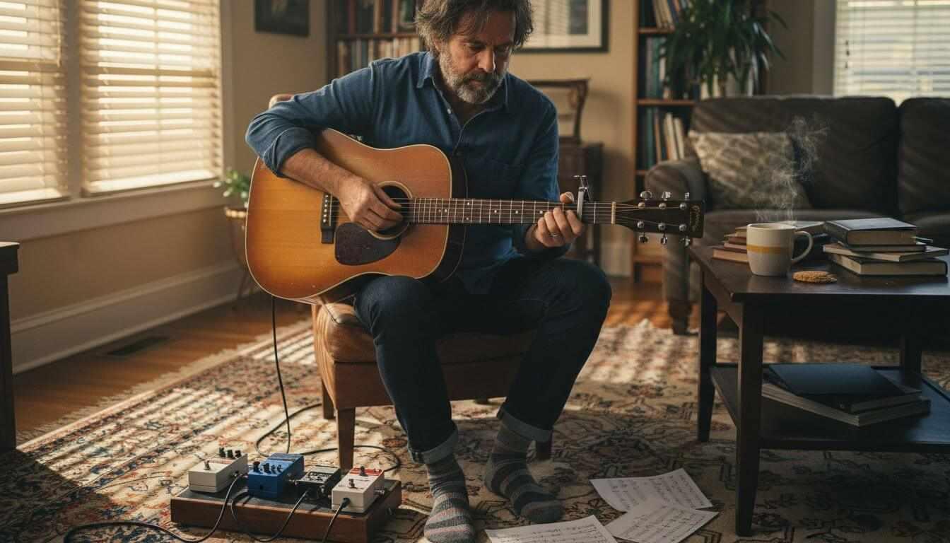 Guitarist examining capo on acoustic guitar