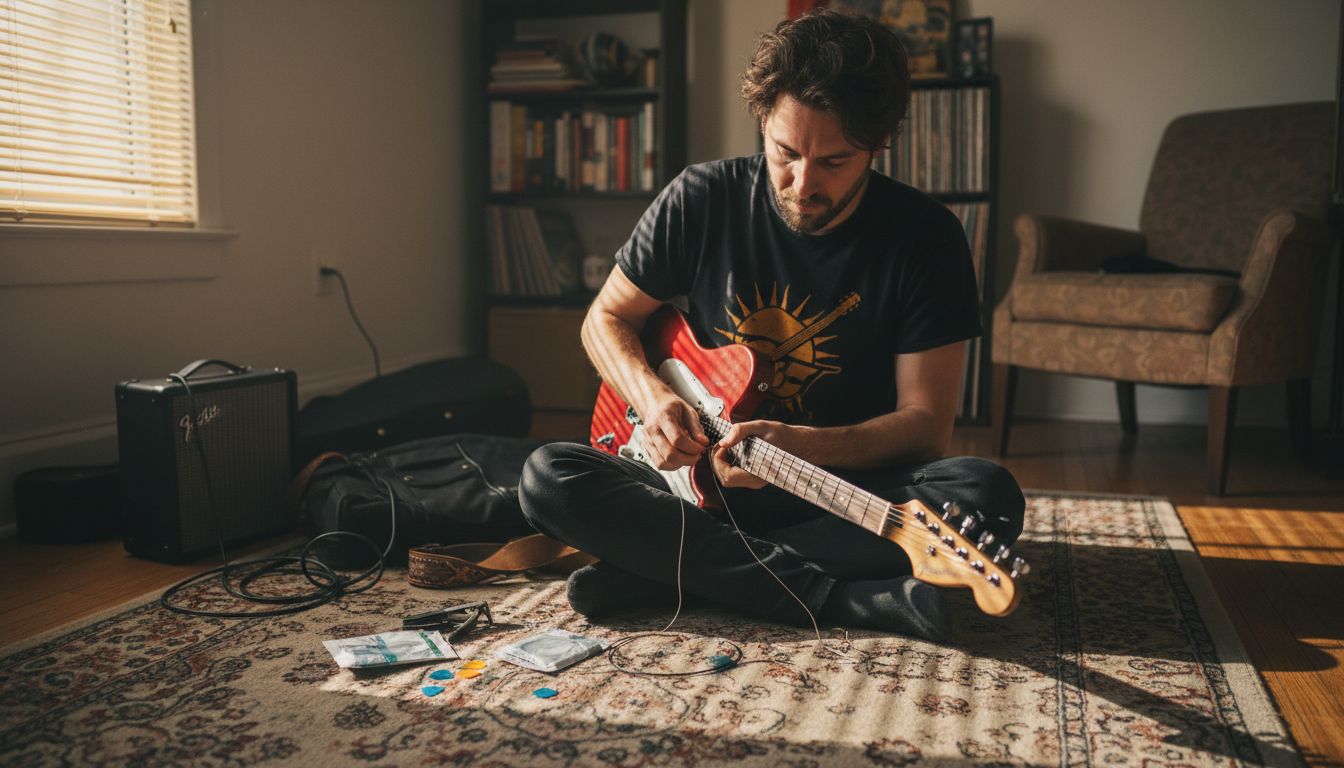 Guitarist surrounded by must-have accessories