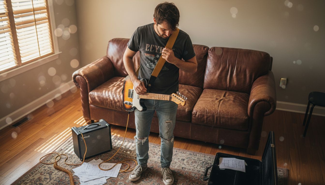 Guitarist adjusting strap in living room