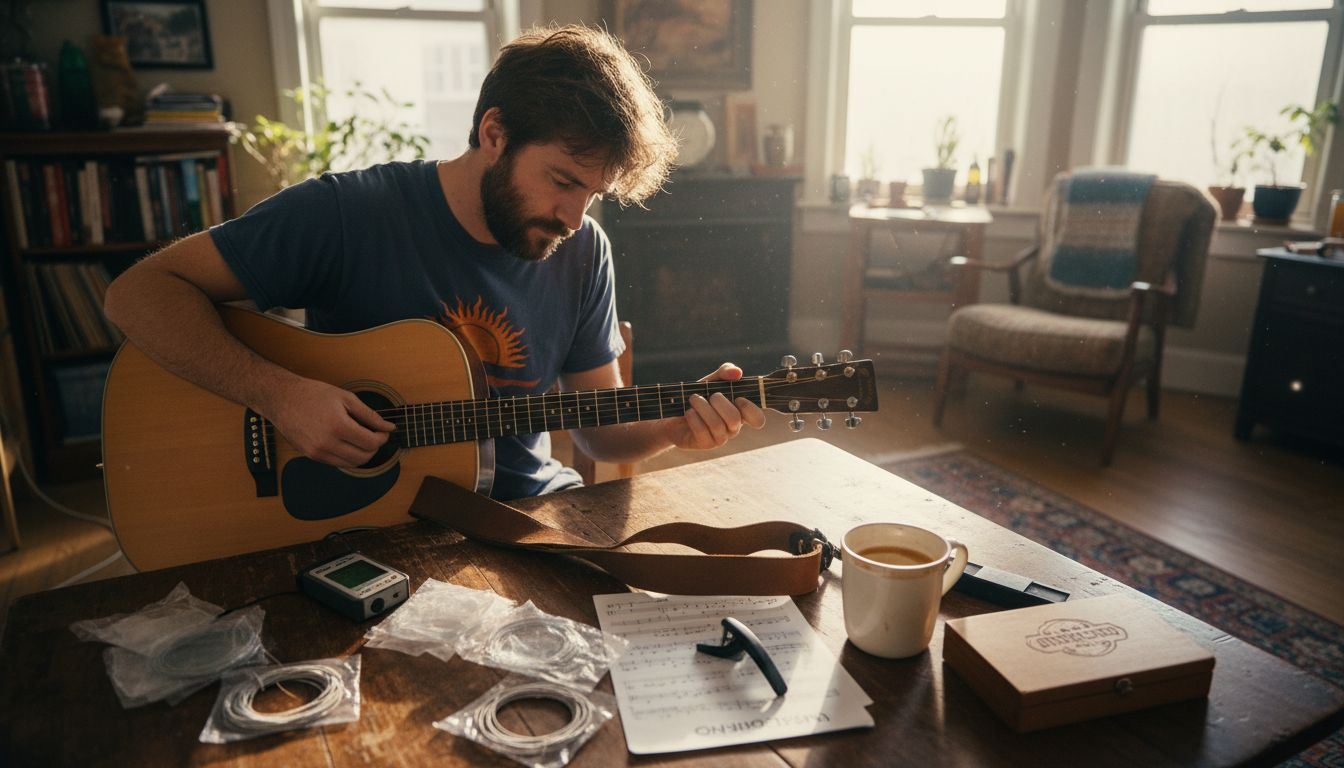 Musician with key guitar tools and accessories at a kitchen table