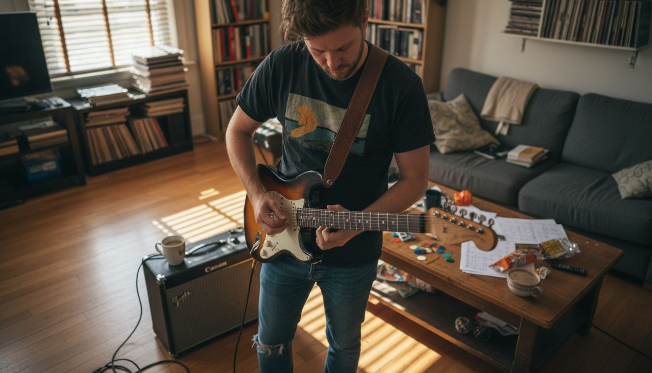 Guitarist fitting leather strap for comfort