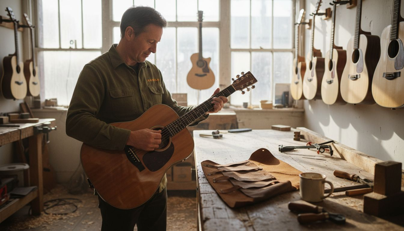 Luthier inspecting handmade guitar in workshop