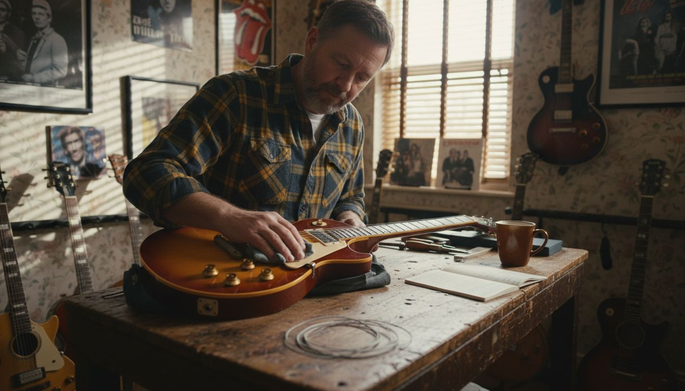 Collector polishing vintage guitar at home
