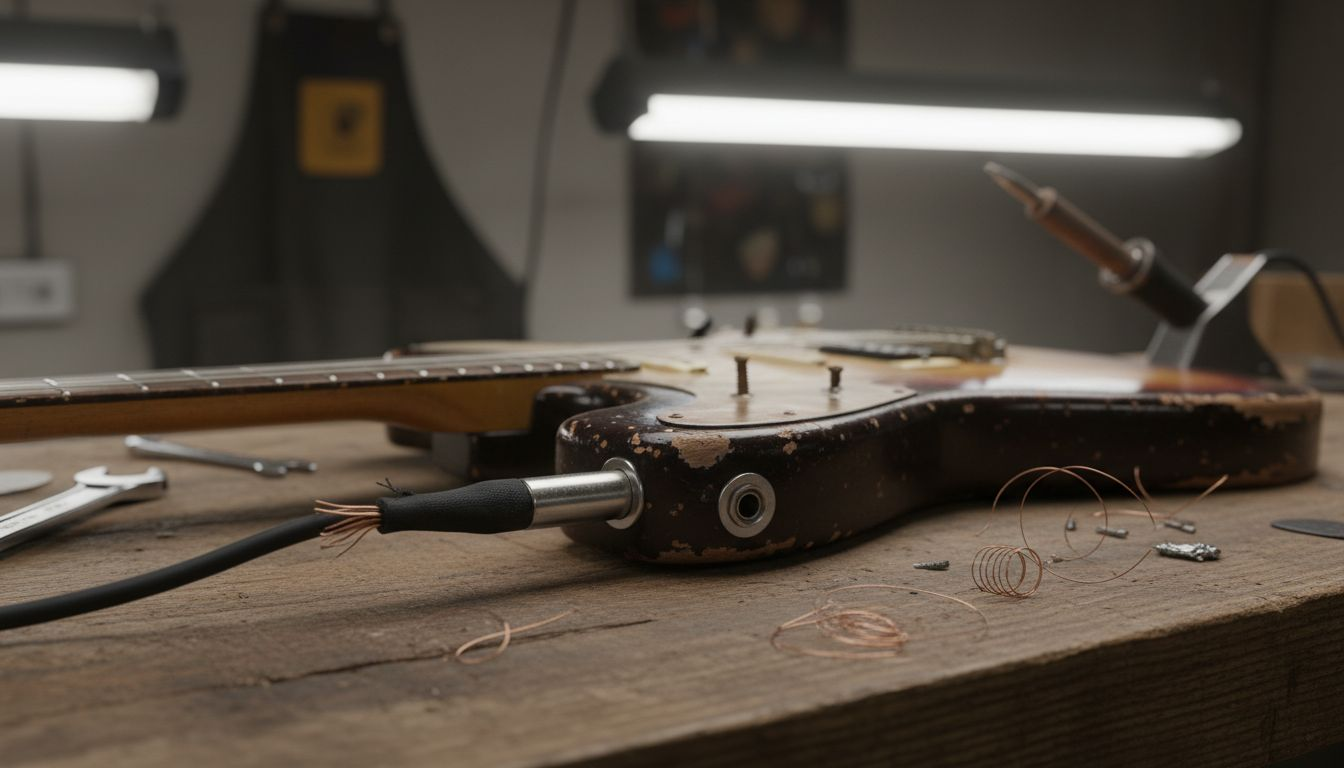 Closeup of electric guitar output jack on workbench