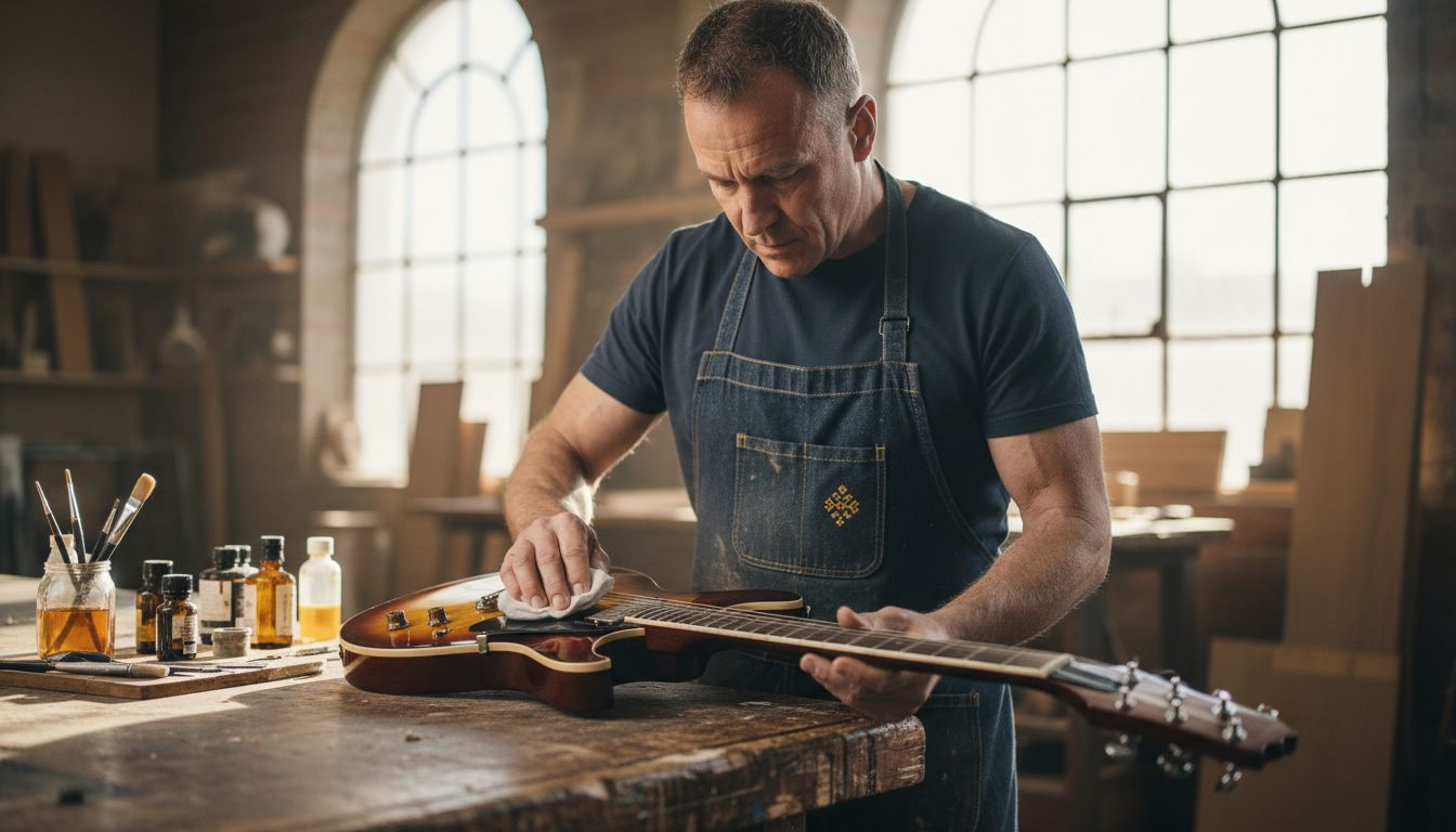 Luthier inspecting premium guitar finish in sunlit woodshop