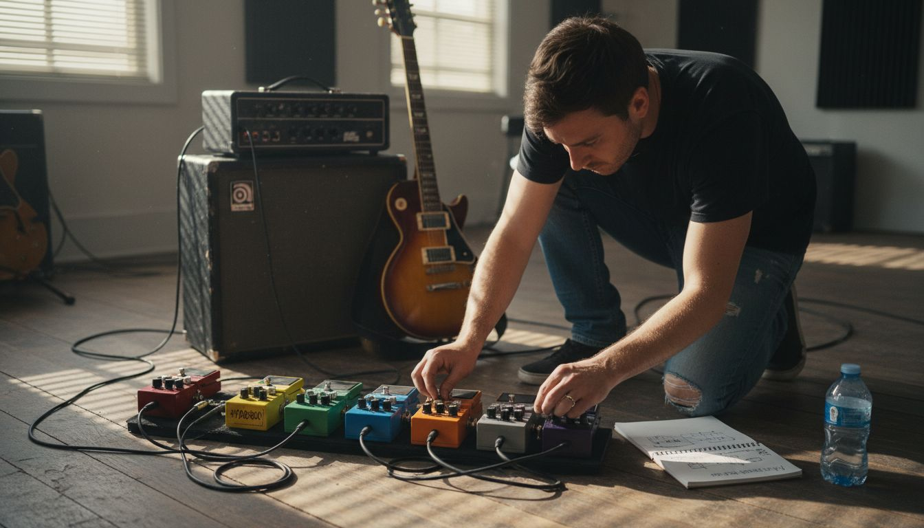 Guitarist adjusting multiple pedals in sunlit studio