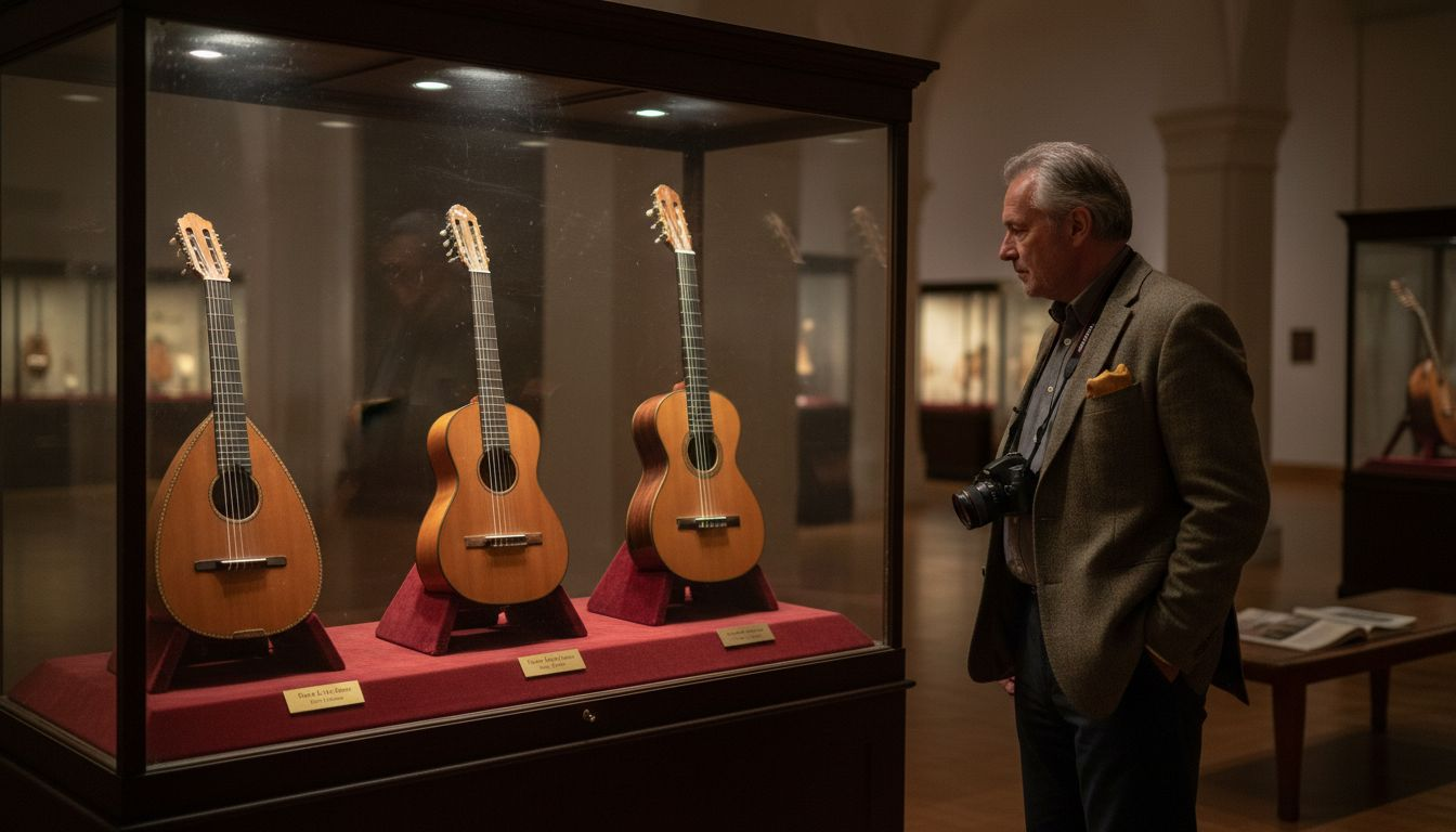 Visitor examines antique guitars in museum case