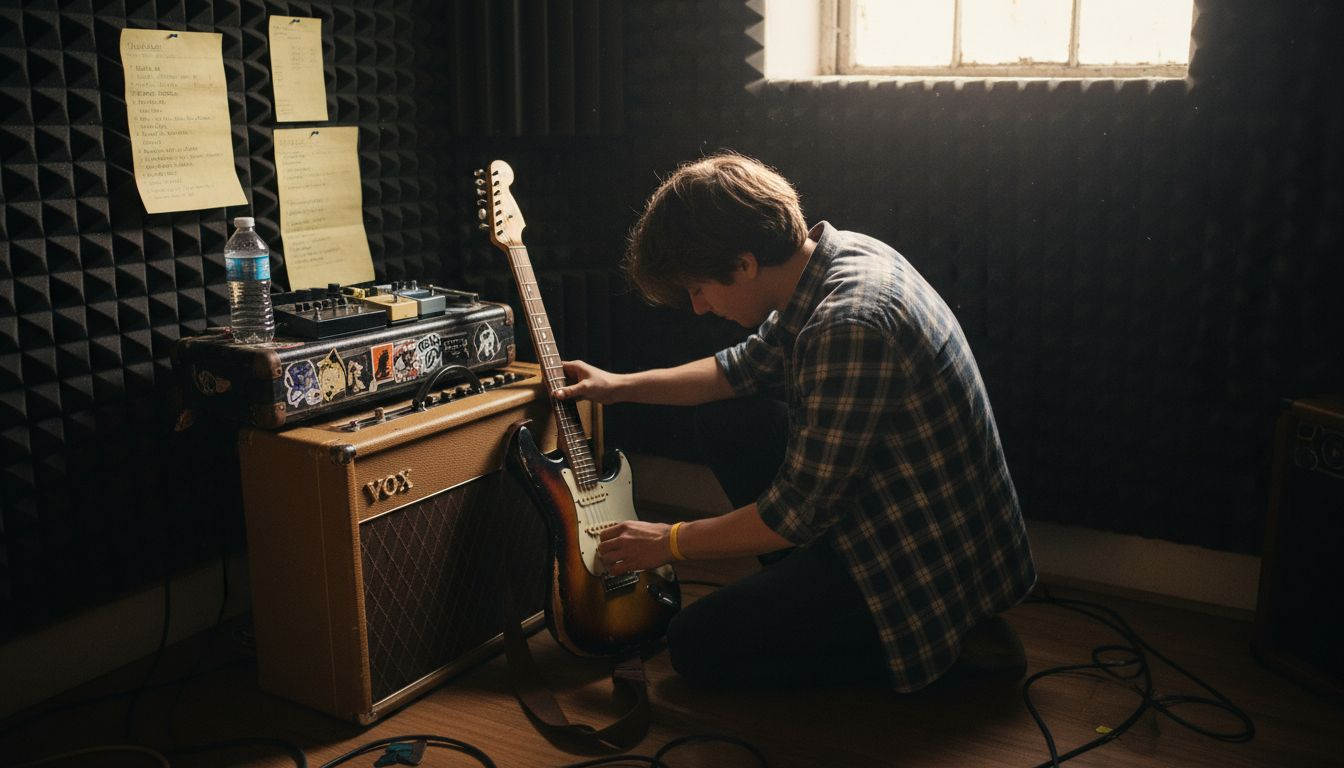 Musician adjusting guitar amplifier in studio
