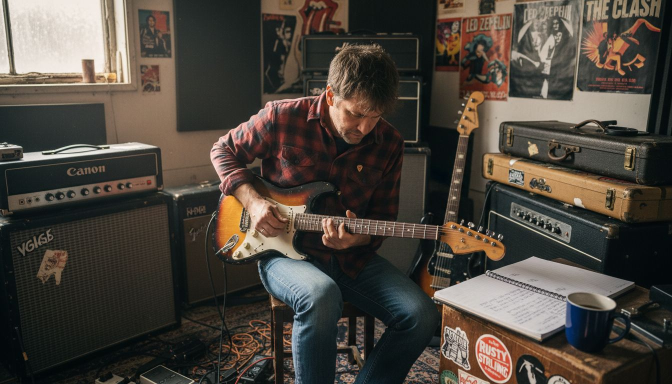 UK guitarist playing vintage guitar in studio