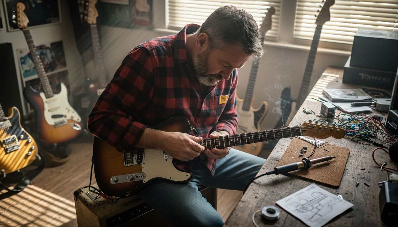 Guitarist installing pickup in home studio