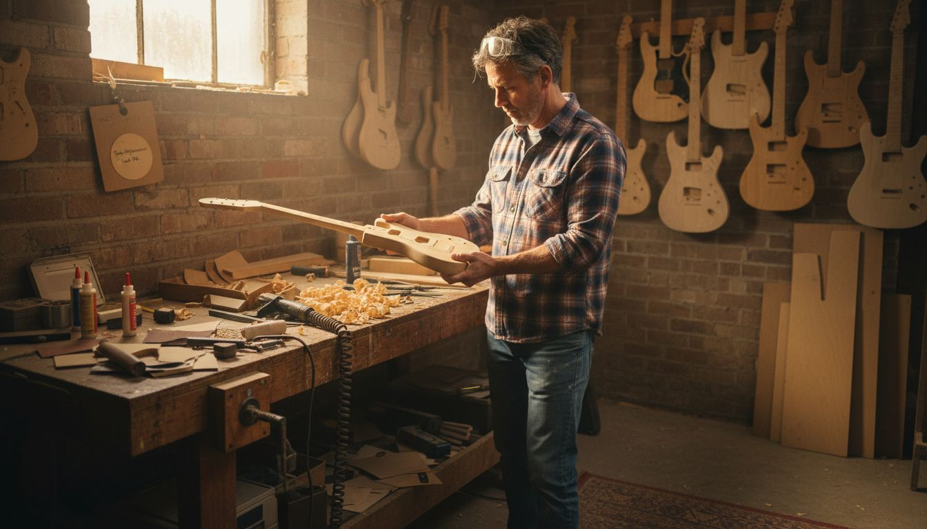 Luthier working at guitar bench in workshop