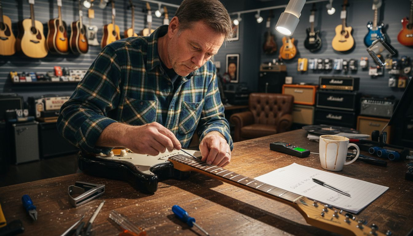 Guitar technician adjusting guitar setup in workshop