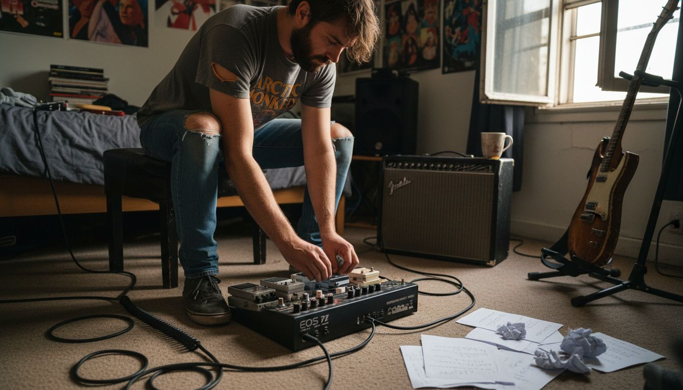 Guitarist adjusting pedal board in home studio