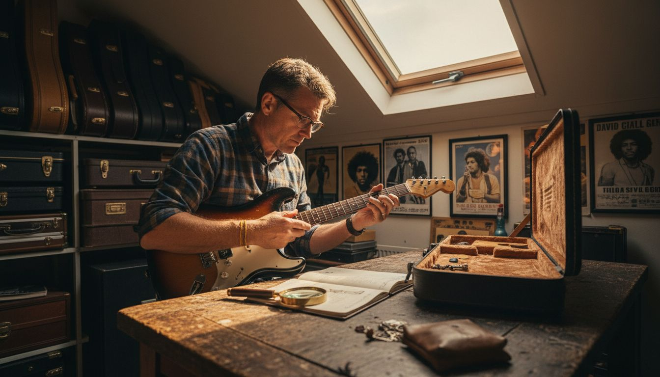 Guitar collector inspecting vintage guitar in attic