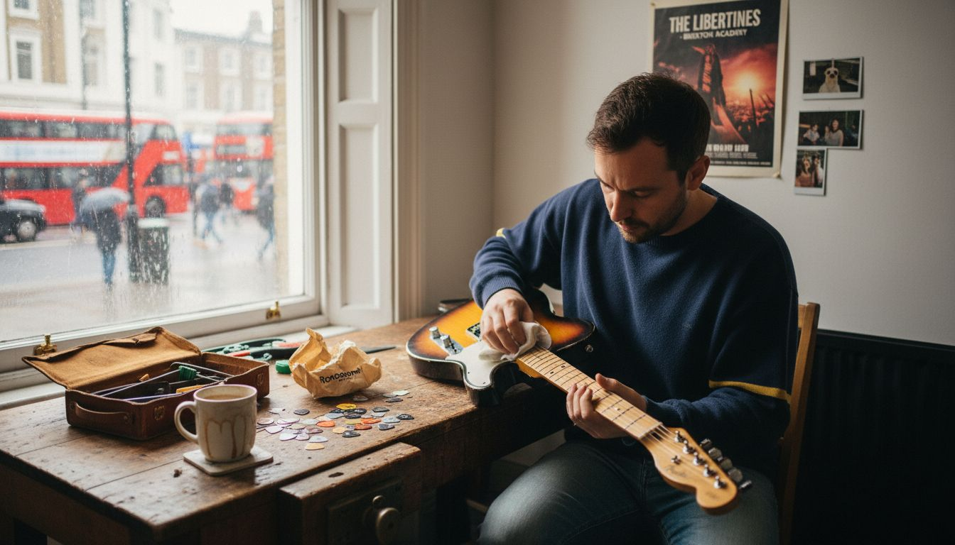 UK player cleaning guitar in London flat
