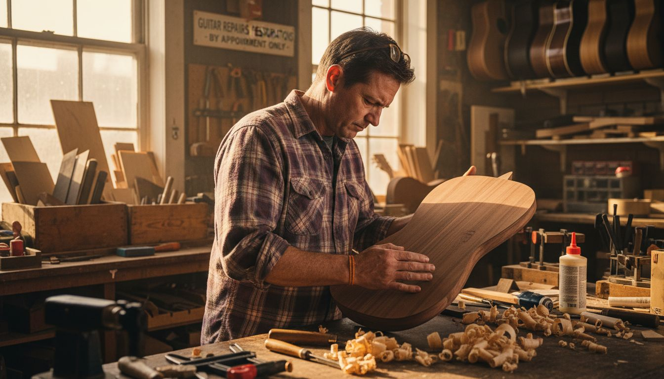 Luthier examining guitar tonewoods in studio