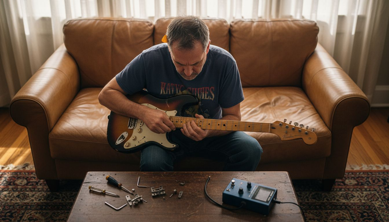 Guitarist adjusting bridge hardware at home