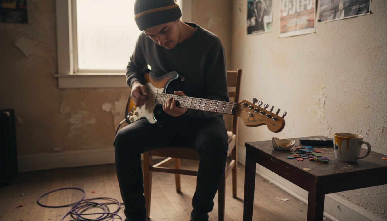 Guitarist examining guitar neck shape
