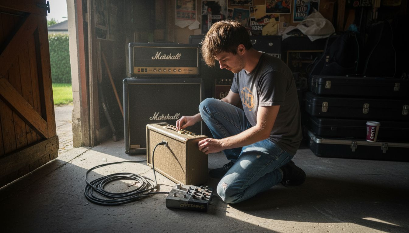 UK guitarist adjusting amp in garage