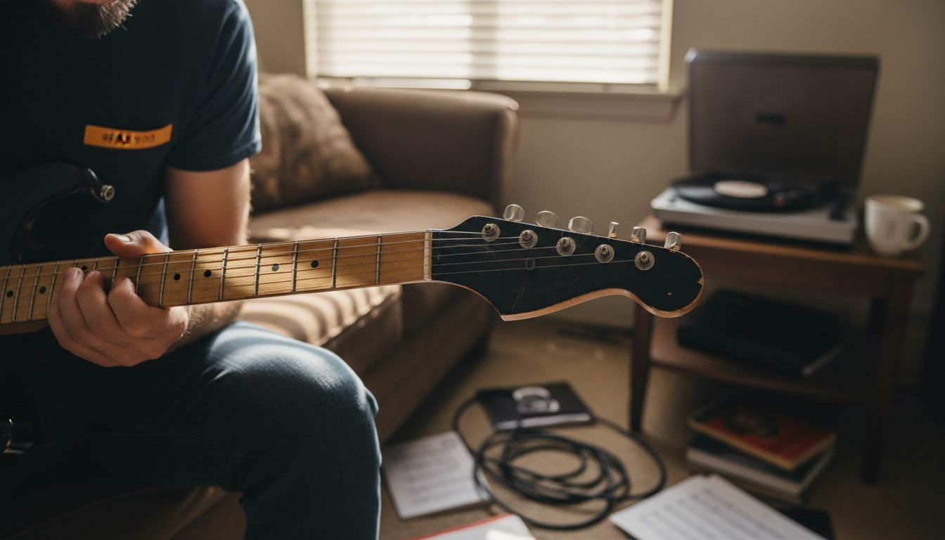 Guitarist inspecting headstock and tuners