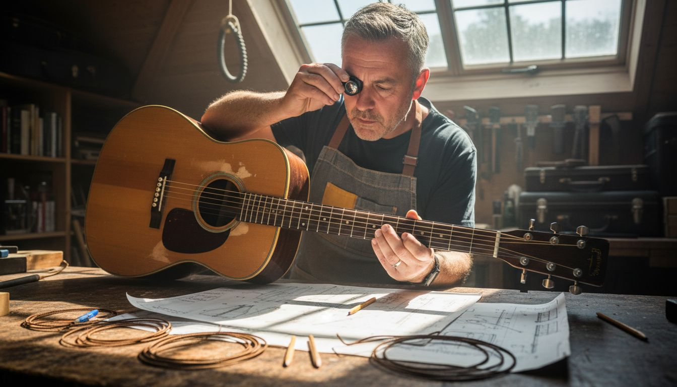 Luthier inspects guitar nut on workbench