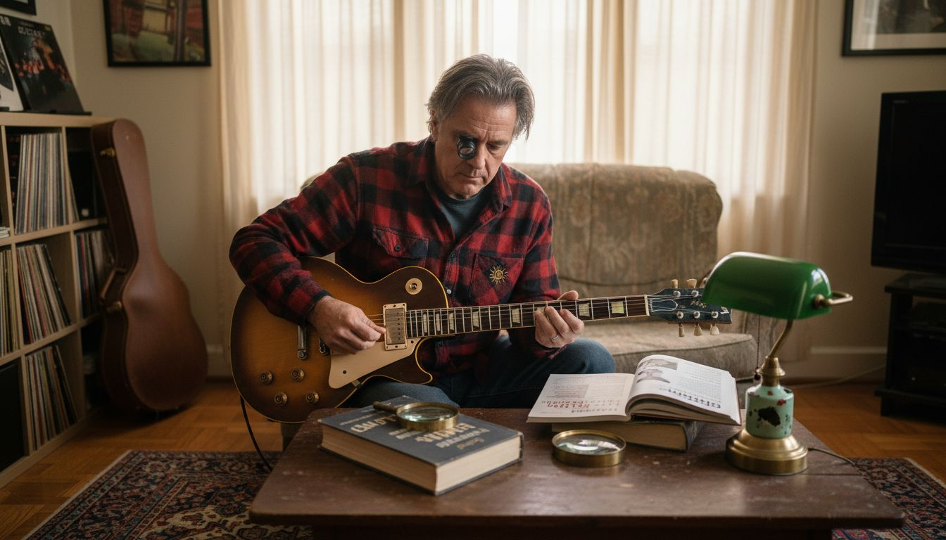 Collector examining vintage Les Paul guitar