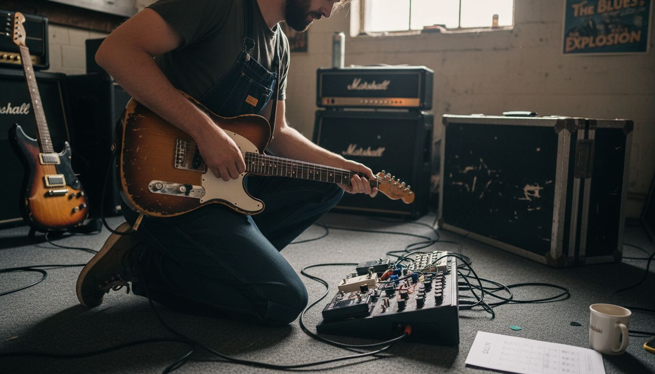 Guitarist adjusting multi effects pedal in studio