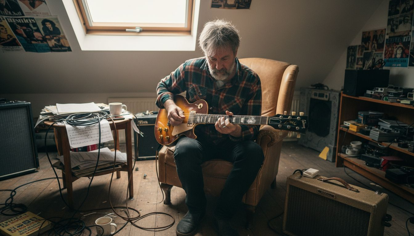 Slide guitarist playing in casual home studio