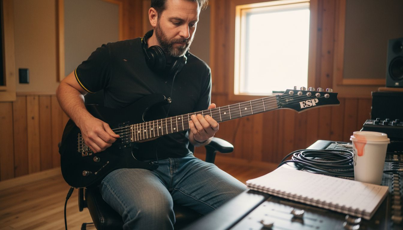 Guitarist tuning ESP E-II in recording studio