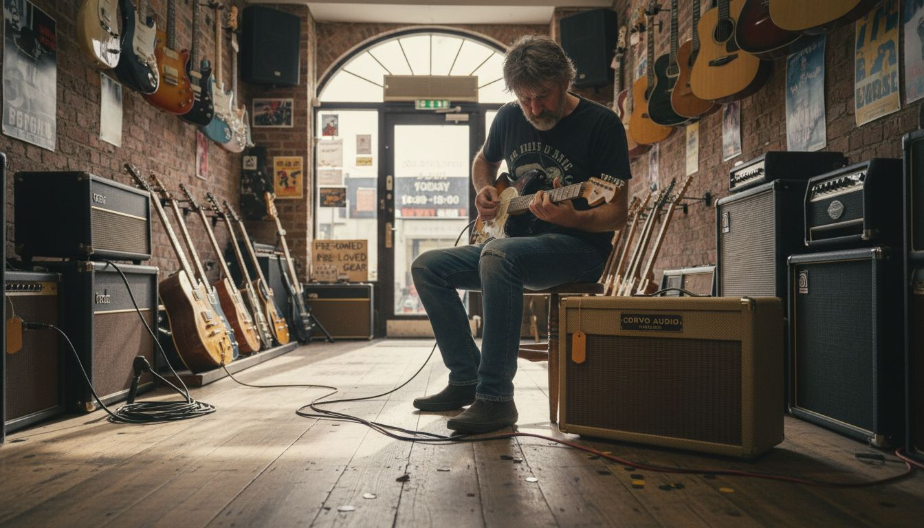 Guitarist testing boutique amp in UK shop