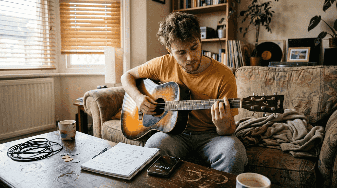 Beginner practicing guitar on living room couch