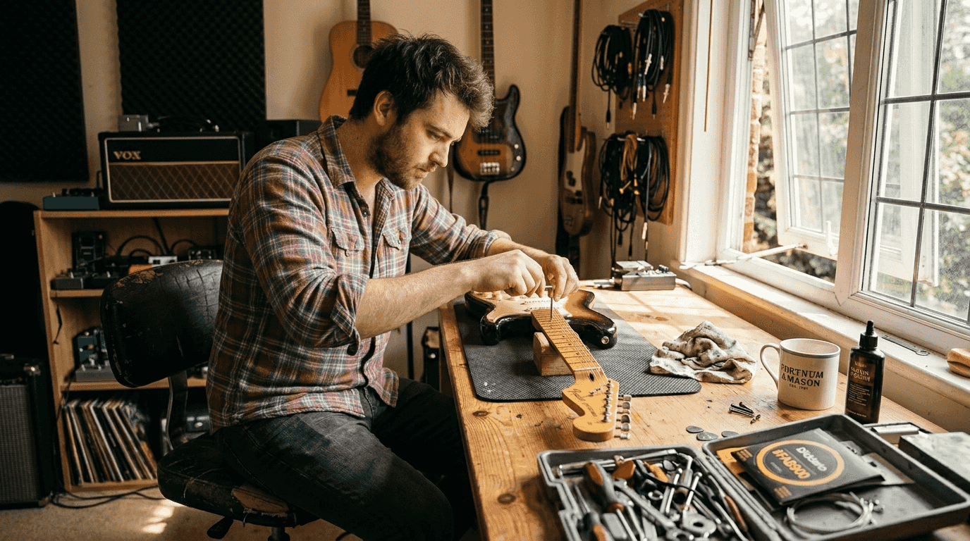 Guitarist working on guitar setup at workbench