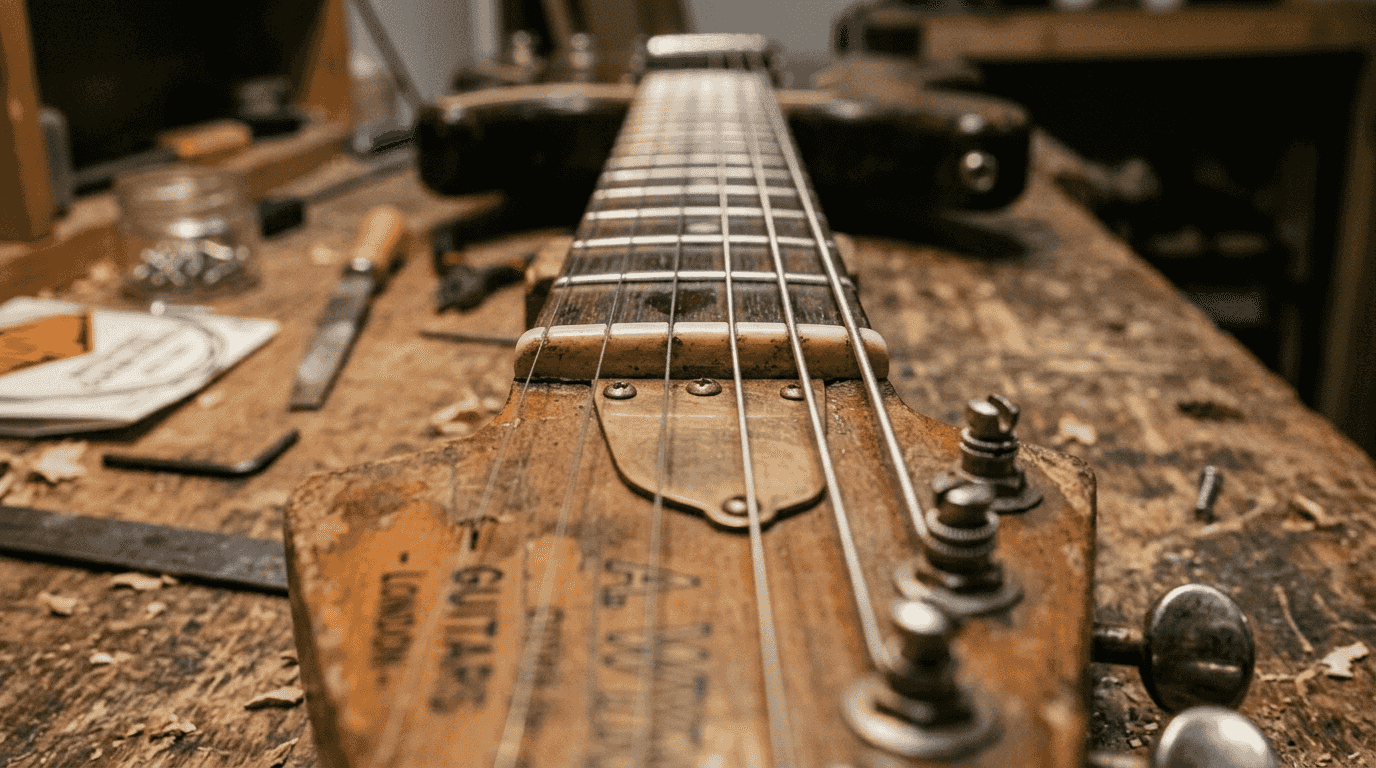 Close-up electric guitar showing zero fret