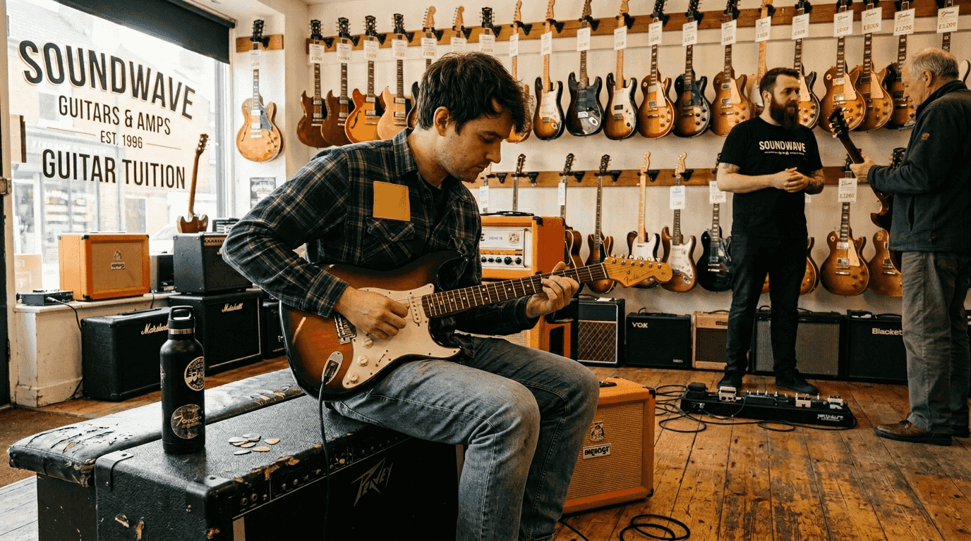 Man auditioning electric guitar in crowded music shop