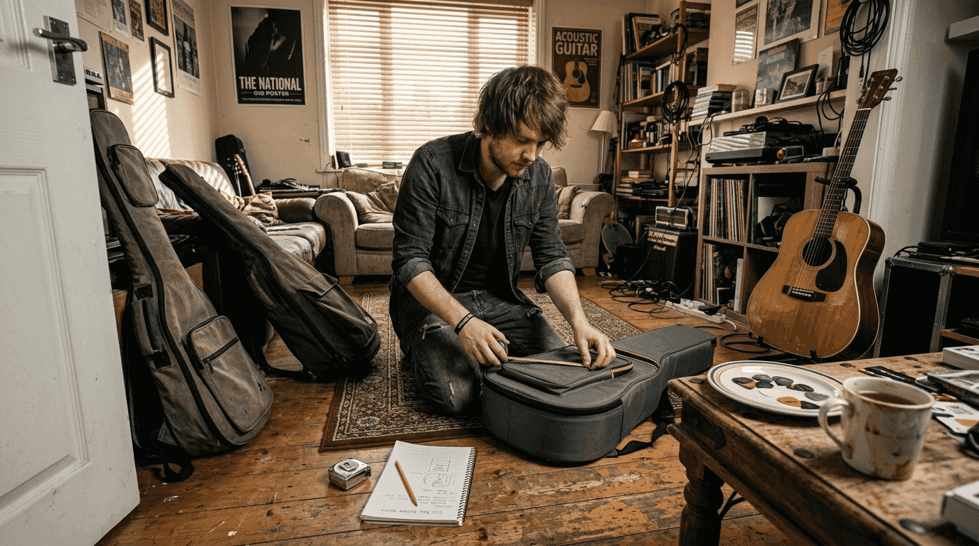 Guitarist inspecting gig bags in a living room