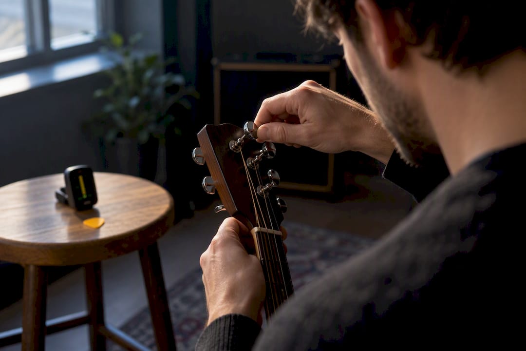 Guitarist adjusting tuning peg by ear