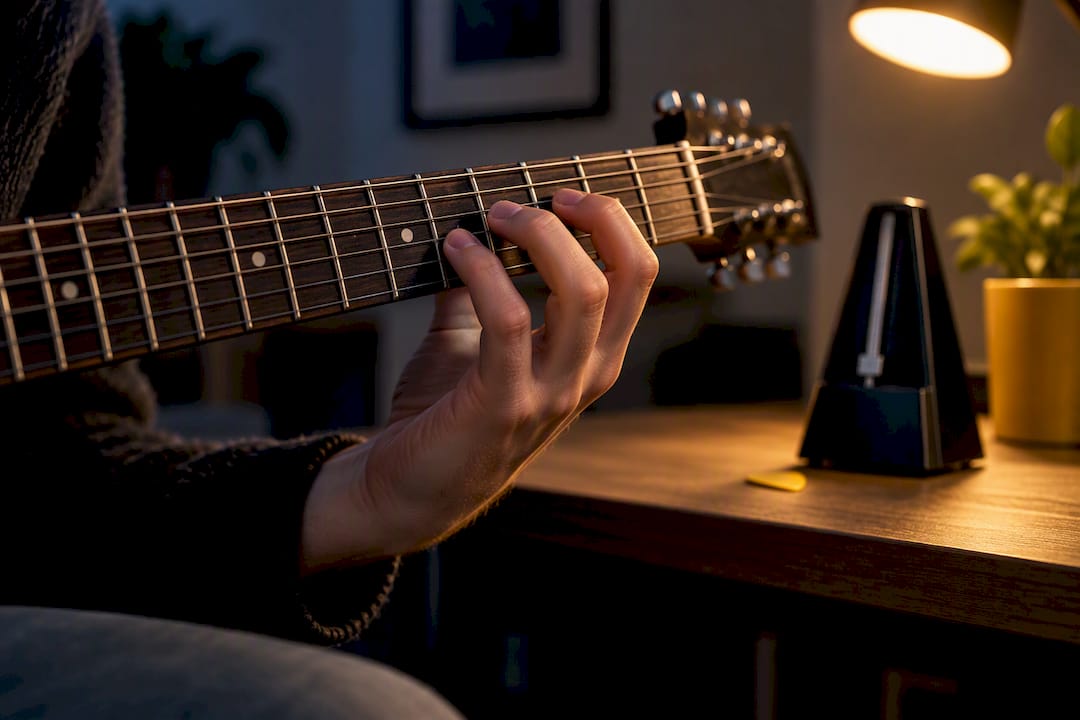 Beginner hand following notes on guitar fretboard