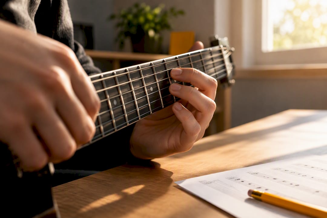Beginner practising guitar tablature on fretboard