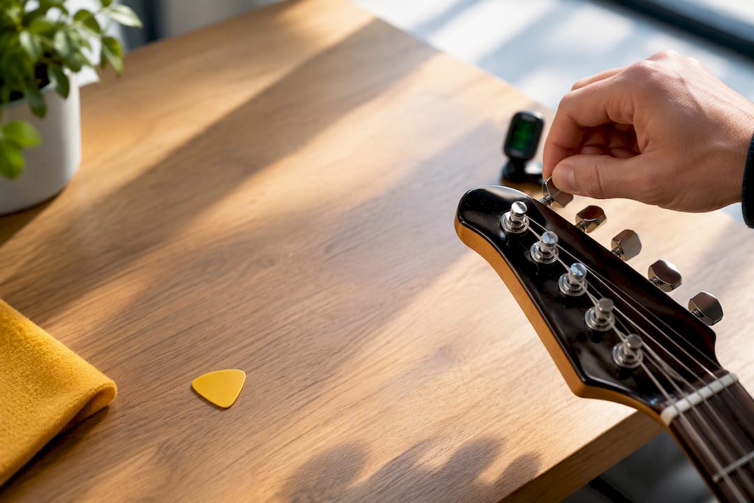 Hand detuning guitar at retail counter