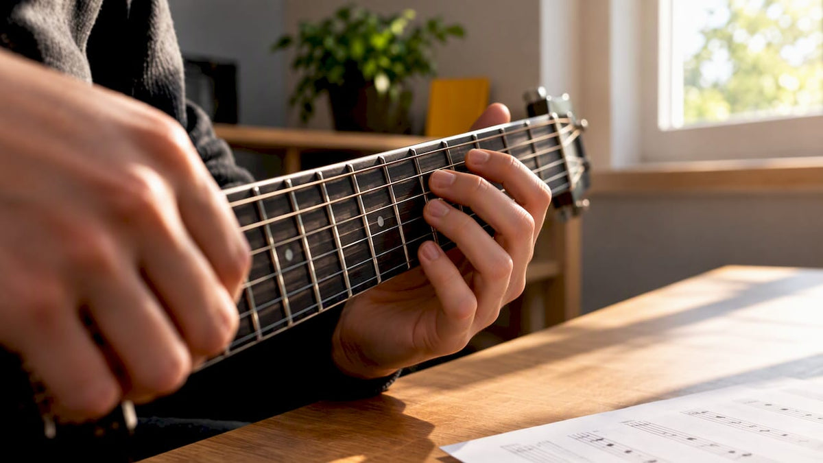 Beginner practising guitar tablature on fretboard