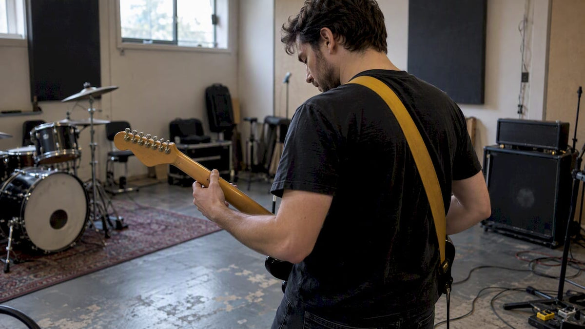 Guitarist practising pentatonic fretboard positions