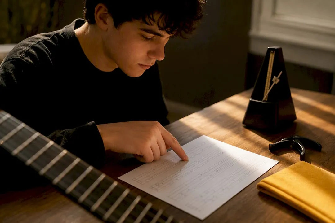 Beginner reading guitar tablature beside fretboard