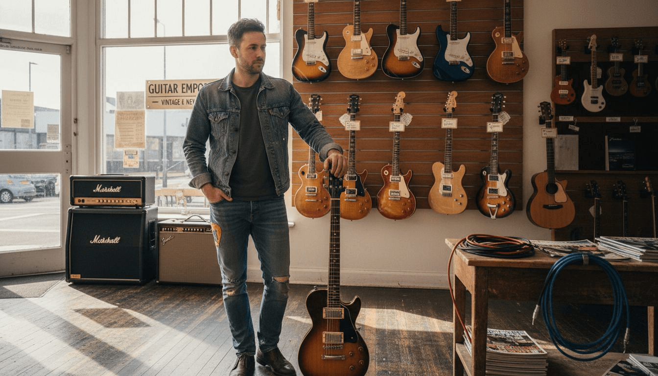 Musician viewing various guitars in shop