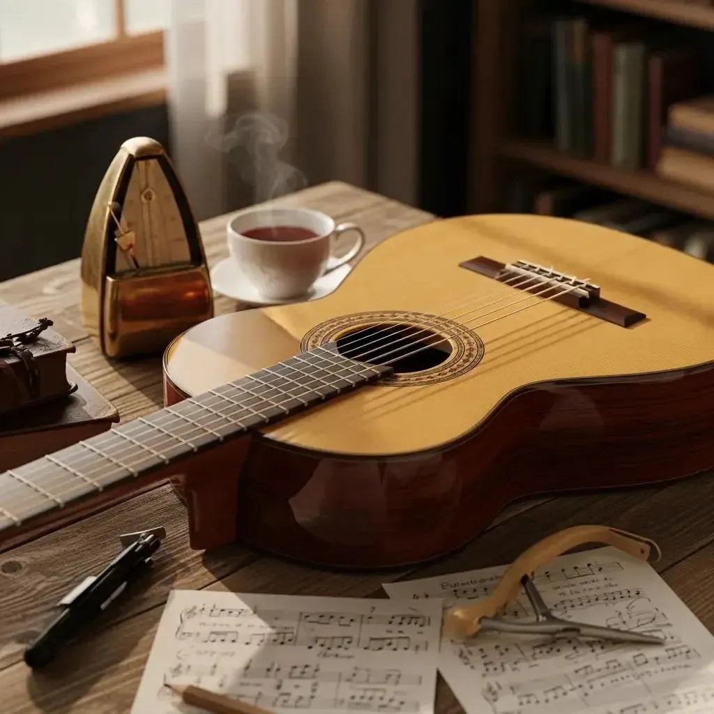 Classical guitar on a wooden table with sheet music and a metronome, showcasing the beauty of nylon string instruments