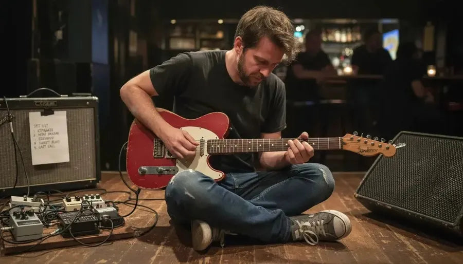 Guitarist tuning signature model guitar on stage
