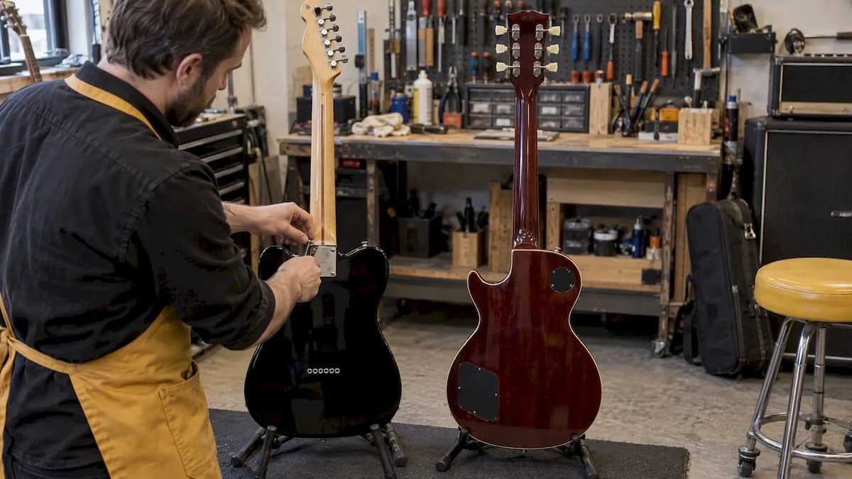 Two guitars showing different neck joints
