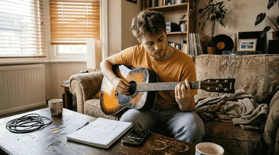 Beginner practicing guitar on living room couch